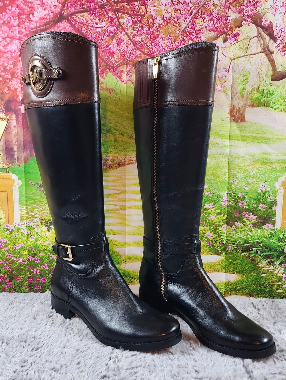 Michael Kors Two-Tone Leather Riding Boots Size 6.5M Black Brown MK Logo.